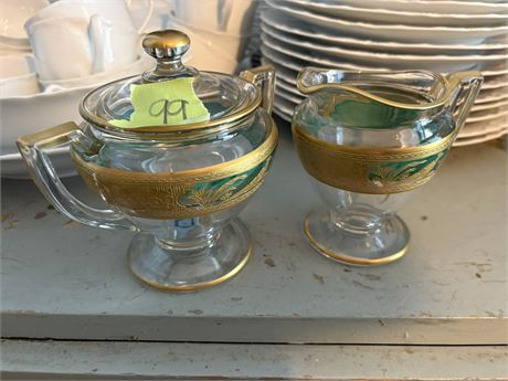 Vintage Glass Gold and Green Sugar Bowl and Creamer
