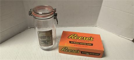 Vintage Reese Box & Glass Popcorn Container