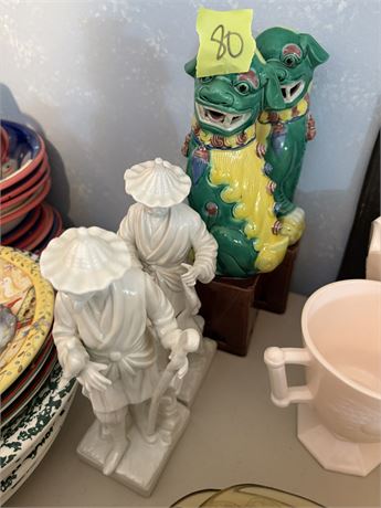Vintage Foo Dog Chinese Statues, White Figurines