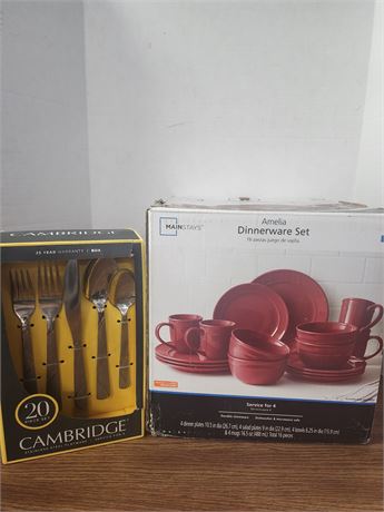 New Mainstays 16 piece Dinnerware Set and New Cambridge 20 piece Flatware set