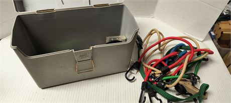 Plastic Storage Container & Various Tools &  Bungee Cords