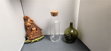 Glass Bottles & Squirrel Statue
