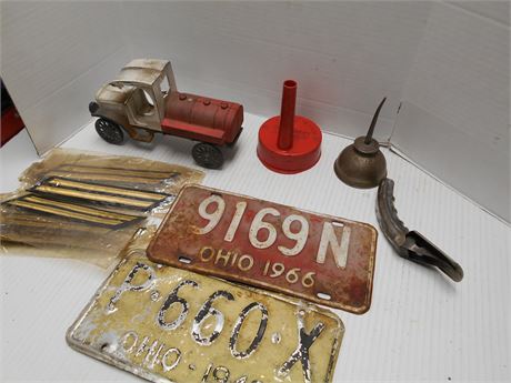 Vintage License Plates & Military Patches & Oil Can & Vintage Can Spout & More