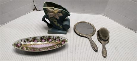 Roseville Pottery Vase & Vintage Mirror & Brush & Vintage Dish