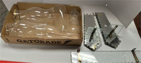 Hurricane glass lamp shades and mirrored shelves
