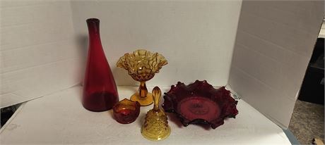 Flat Of Assorted Glassware. Some Fenton. Red Bowl Has Chip In It.
