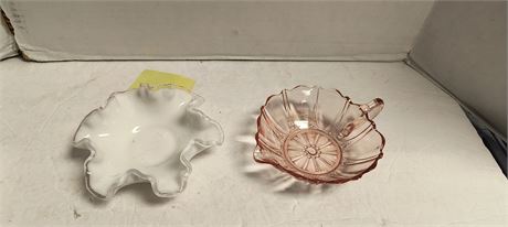 Fenton White Ribbed Candy Dish Bowl & Pink Bowl