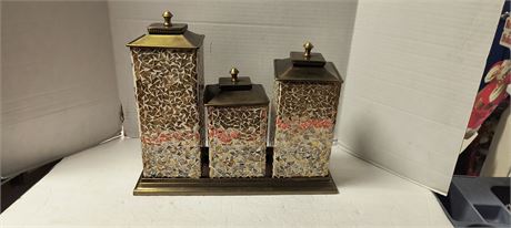 Decorative Containers With Lids & Tray. Small Is Broken At Top Of Container