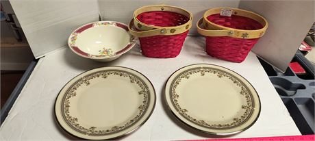Lenox Lace Point Plates & Homer Laughlin Bowl & Christmas Baskets