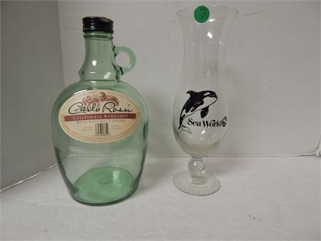 Sea World Hurricane Glass & Carlo Rossi Glass Bottle
