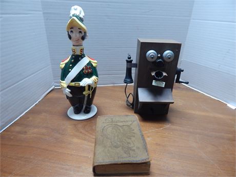 Vintage Dictionary & Vintage Wood Wall Phone & Vintage Military Figure Decanter
