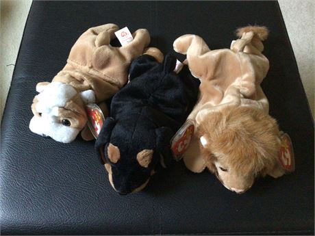 Wrinkles the Dog. Doby the Doberman, Roary the Lion Beanie Babies