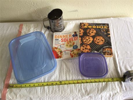 Cook Books, Flour Sifter, & Storage Containers