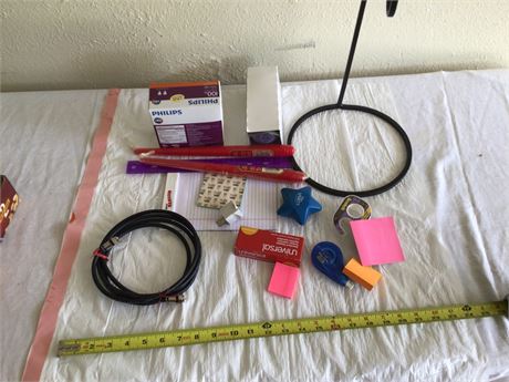 Miscellaneous Lot: Banana Rack, Office Supplies, and Light Bulbs