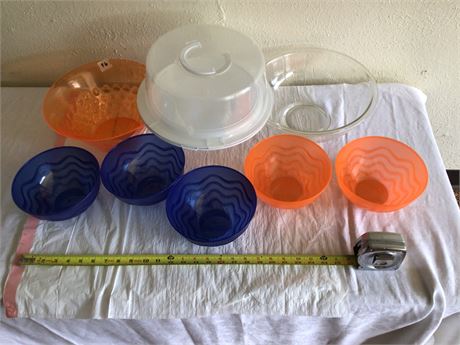 Colored Plastic Serving Bowls, Glass Mixing Bowel, and Cake Holder