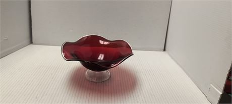 Ruby Red Ruffled Glass Pedestal Bowl