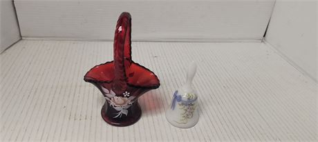 Westmoreland Ruby Red Glass Basket & Fenton Hand Painted Milk Glass Bell