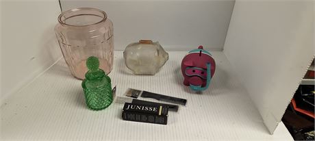 Vintage Clear Glass Piggy Bank & Green Hobnail Cologne Bottle & More