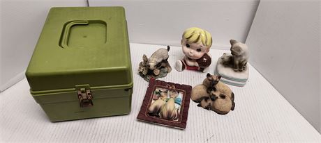 Collectible Glass Cat Statues & Plastic Storage Box
