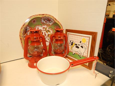 Cow Picture & Enamel Pan & Serving Tray & Decorative Lanterns
