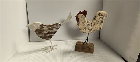 Decorative Wood Rooster & Metal Chicken