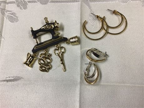 Unique Lapel Sewing Machine Pin with 2 Sets of Earrings