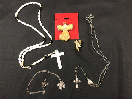 Unique Christian Jewelry, Sacred Heart Necklace, 2 Rosaries, 2 Angel Pins