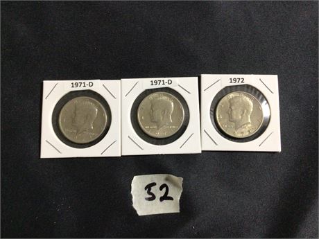 1971-D, 1971-D, 1972 Kennedy 1/2 Dollar Coins