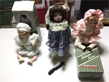 3 Porcelain Dolls.  One with Hair Extensions.