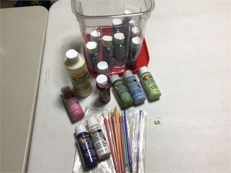 18 Containers Assorted Colors of Deco Art Acrylic Crafter Paint & 10 Brushes