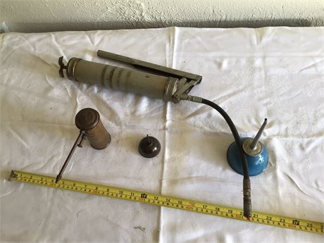 Vintage Oil Cans & Grease Gun - Small Oil Can is Stamped “Singer”