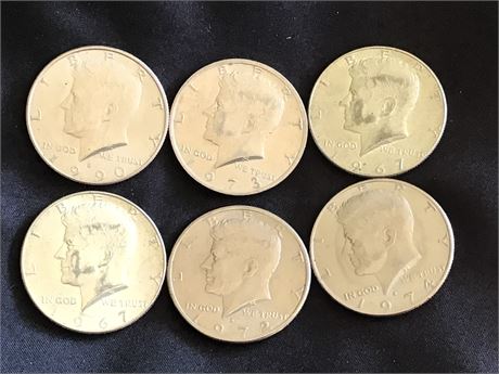 1967, 1967, 1972, 1973, 1974, 1990 Kennedy 1/2 Dollar Coins