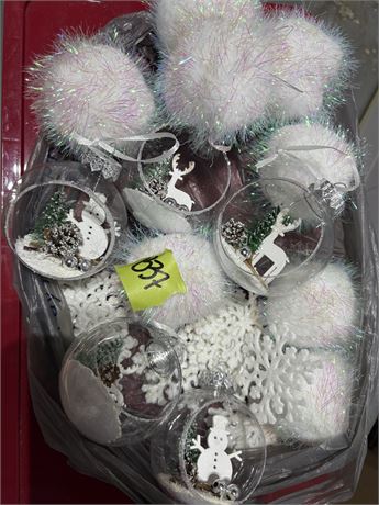 Christmas Ornaments, Clear, White Puffs and Snowflakes