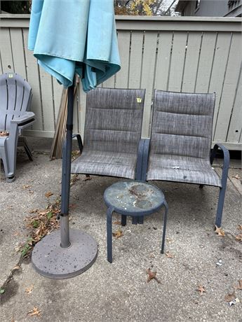 Lawn Chairs (2), Table and Umbrella