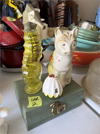 Vintage Cat Bank, Perfume Seahorse Bottle, Jewelry Box, Salt