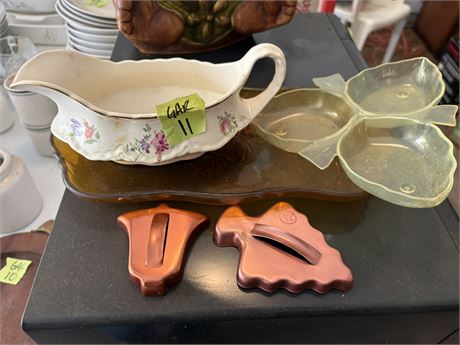 Homer Laughlin "Priscilla" Gravy Boat, Amber Glass Dish, Cookie Cutters