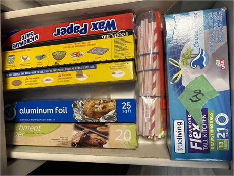 Misc Lot, Foil, Plastic Wrap, Trash Bags, Drawer Lot