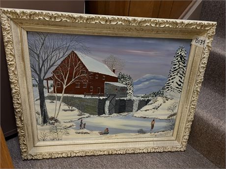 Painted Wall Art, Snow, Mill, White Frame
