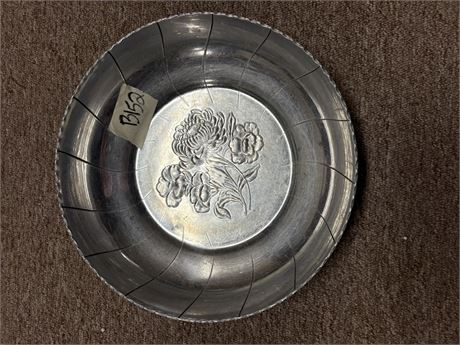 Vintage Aluminum Plate with Embossed Floral Design