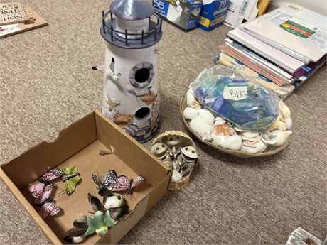Decor Lot, Wood Nautical Theme, Lighthouse, Shells, Butterflies