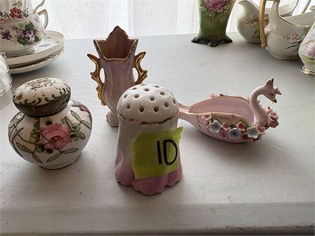 Vintage Decor, Lefton Trinket Swan, Leuchtenburg Salt Shaker, Vase