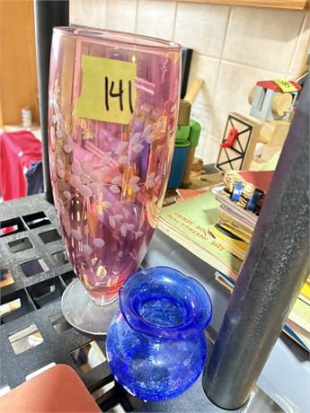 Vintage Etched Floral Pink Glass Vase and Blue Vase