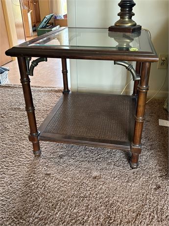 Vintage Bamboo Caned, Glass Top End Table