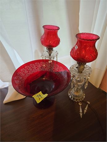 Red Art Glass and Matching Candelabras