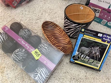Zebra Lights, Wood Zebra Bowl, Trash Can, Puzzle