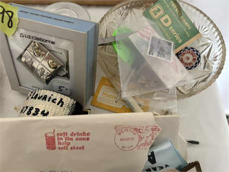 Collectible Stamps, Pins, Tin Cup