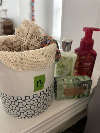 Crock, Doilies, Soaps and Lotion